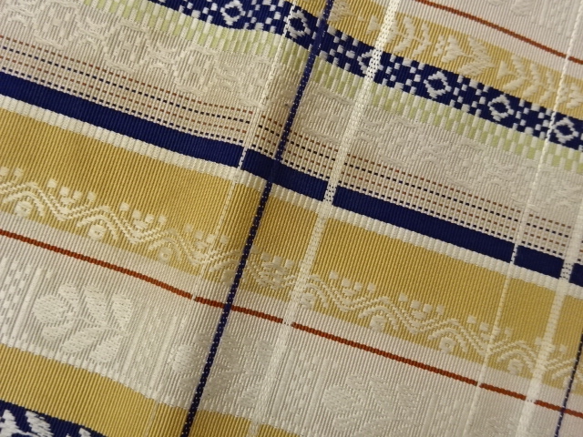  本場筑前博多変わり格子に幾何学模様織出し名古屋帯